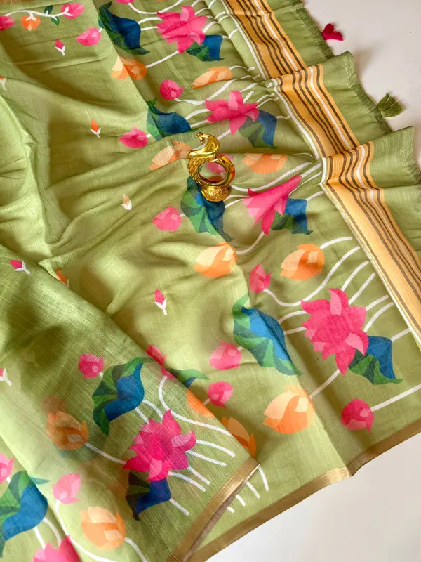 Light_Green_Linen_Saree_With_Vibrant_Lotus_Prints
