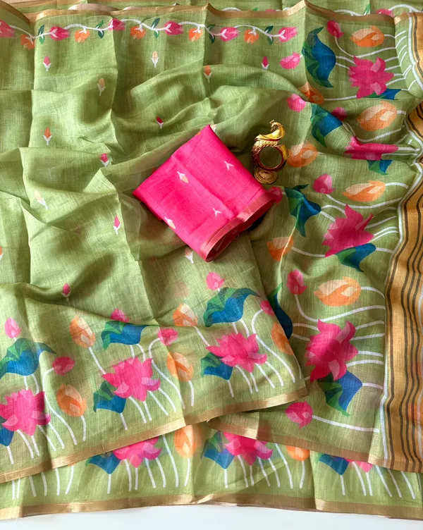 Light_Green_Linen_Saree_With_Vibrant_Lotus_Prints