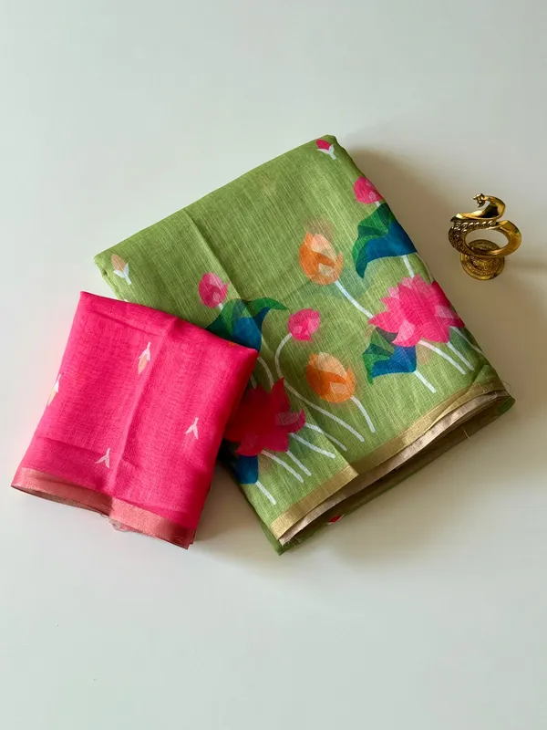Light_Green_Linen_Saree_With_Vibrant_Lotus_Prints