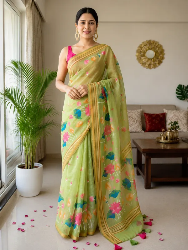 Light_Green_Linen_Saree_With_Vibrant_Lotus_Prints