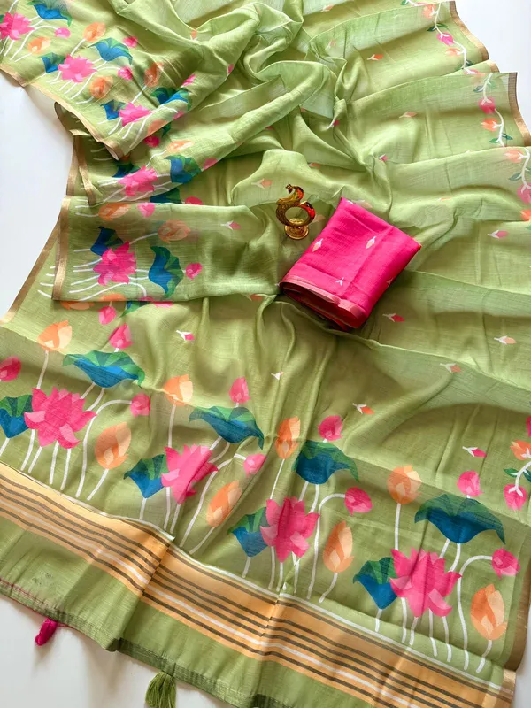 Light_Green_Linen_Saree_With_Vibrant_Lotus_Prints