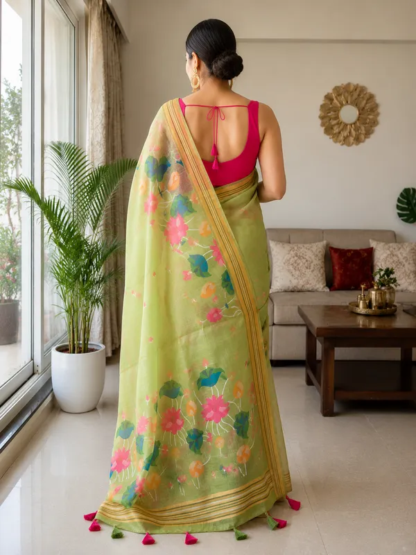 Light_Green_Linen_Saree_With_Vibrant_Lotus_Prints