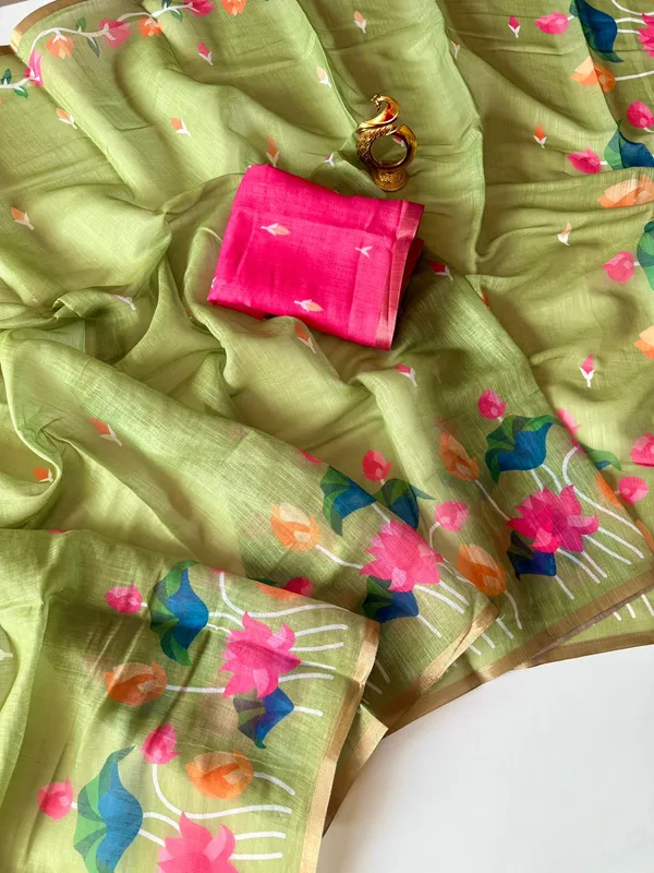 Light_Green_Linen_Saree_With_Vibrant_Lotus_Prints