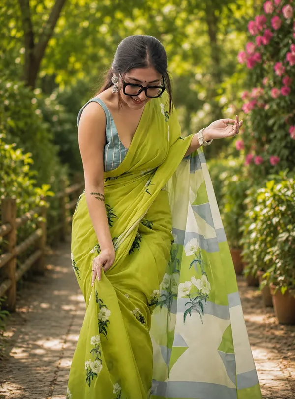 Lime_Green_Floral_Print_Saree_With_Geometric_Pallu
