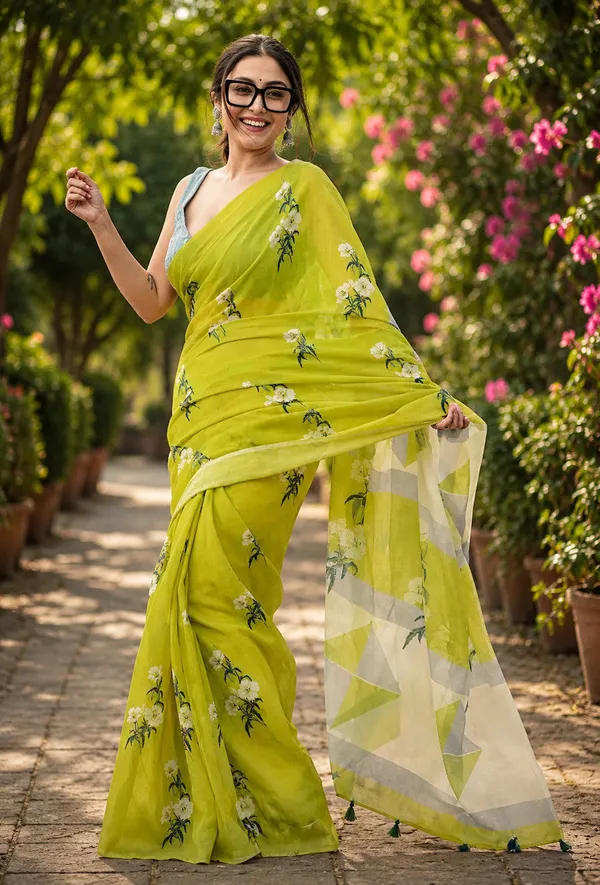 Lime_Green_Floral_Print_Saree_With_Geometric_Pallu