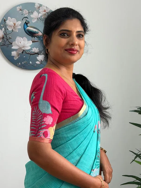 Teal_Blue_Linen_Saree_With_Tropical_Flamingo_Print