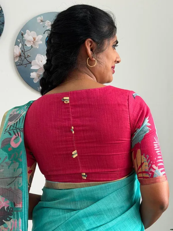 Teal_Blue_Linen_Saree_With_Tropical_Flamingo_Print