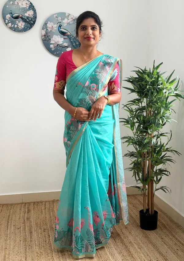Teal_Blue_Linen_Saree_With_Tropical_Flamingo_Print