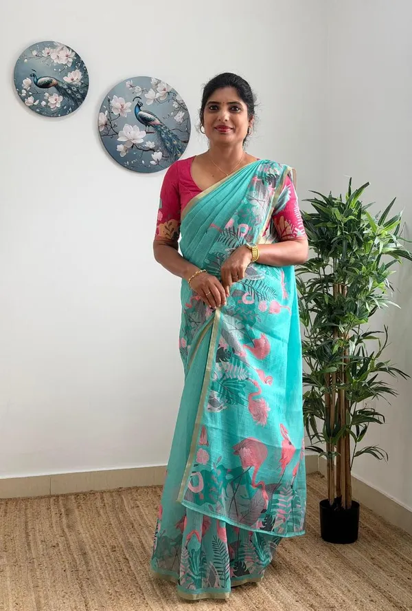 Teal_Blue_Linen_Saree_With_Tropical_Flamingo_Print