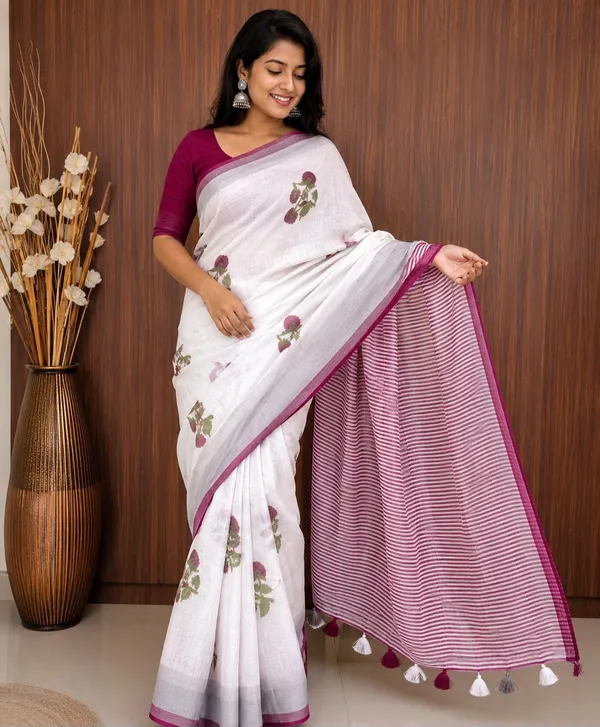 White_Linen_Saree_With_Magenta_Floral_Print