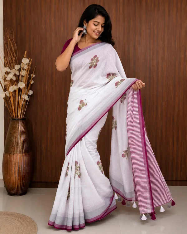 White_Linen_Saree_With_Magenta_Floral_Print