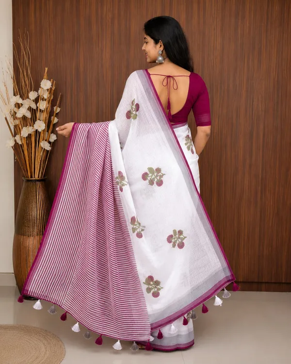 White_Linen_Saree_With_Magenta_Floral_Print
