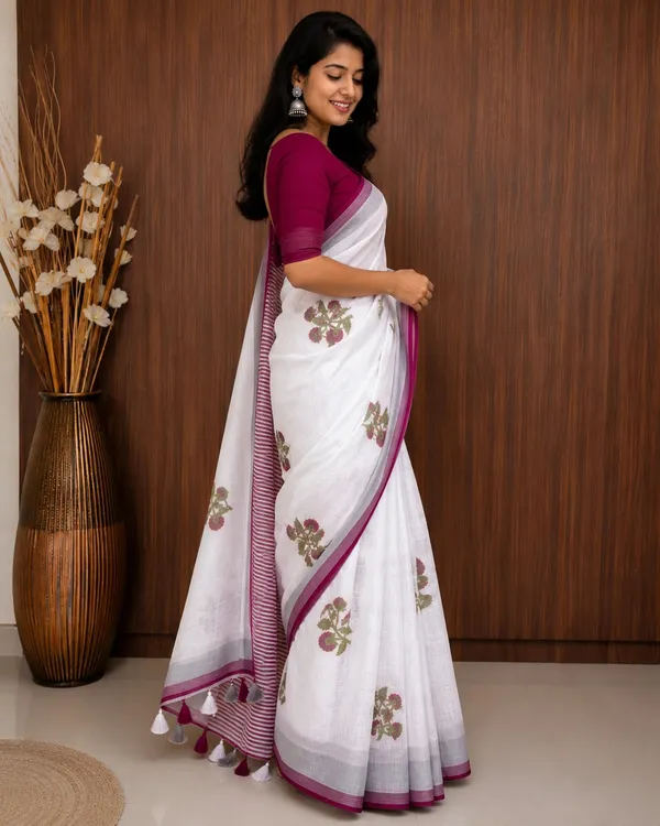 White_Linen_Saree_With_Magenta_Floral_Print