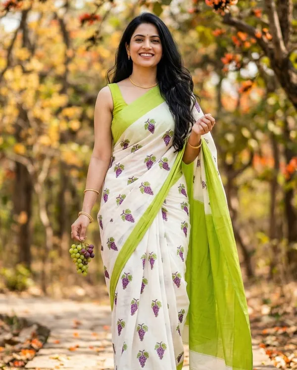 Off_White_Saree_With_Grape_Print_And_Lime_Green_Border