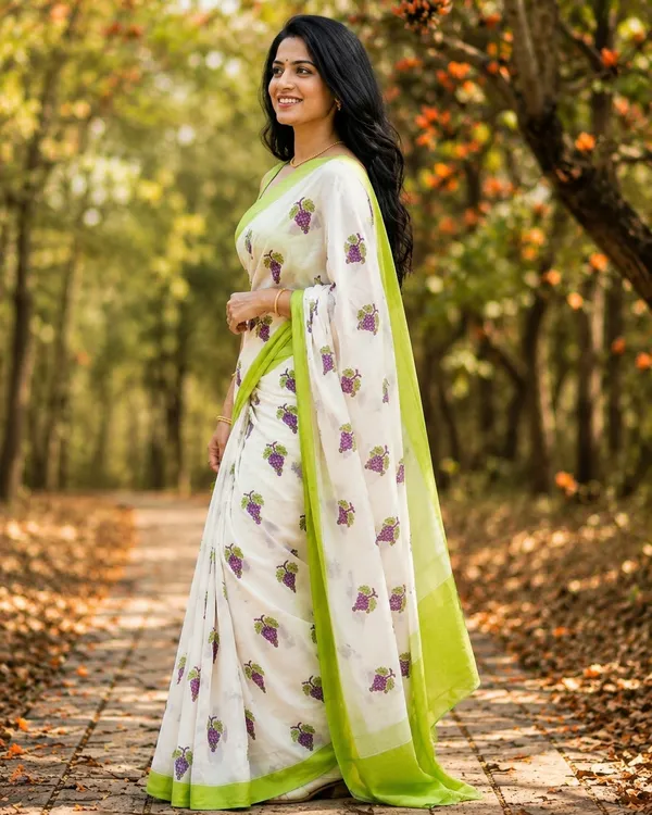 Off_White_Saree_With_Grape_Print_And_Lime_Green_Border