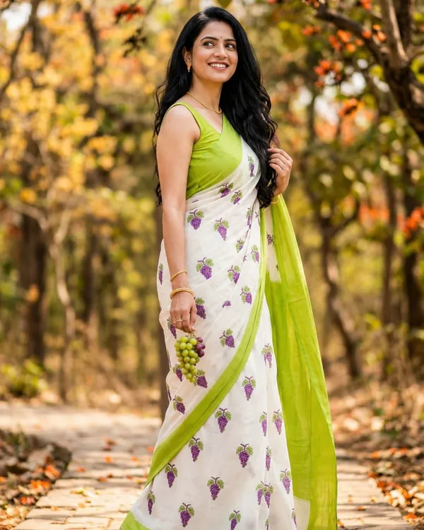 Off_White_Saree_With_Grape_Print_And_Lime_Green_Border