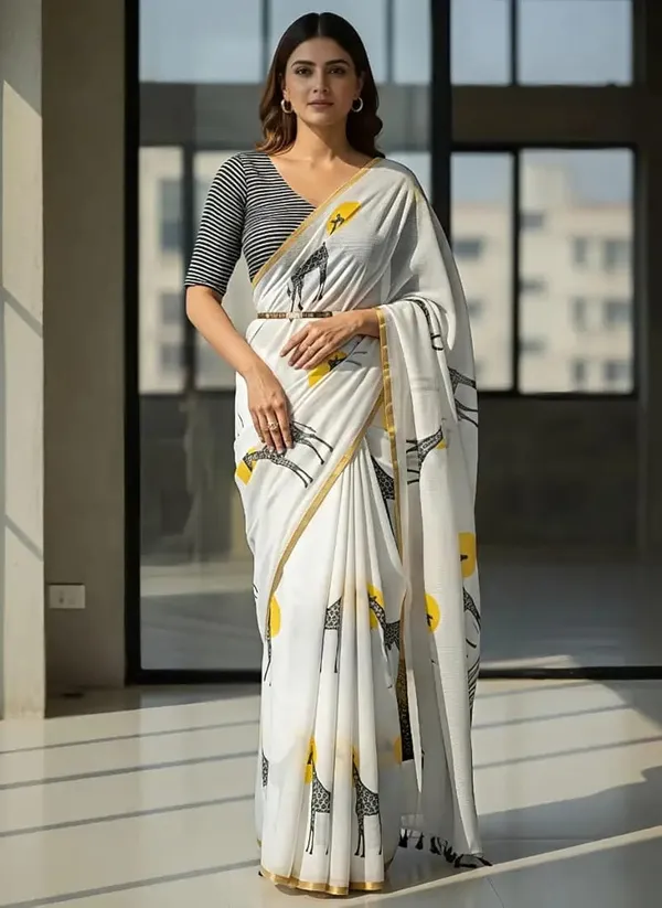 Whimsical_White_Saree_With_Giraffe_And_Sun_Print