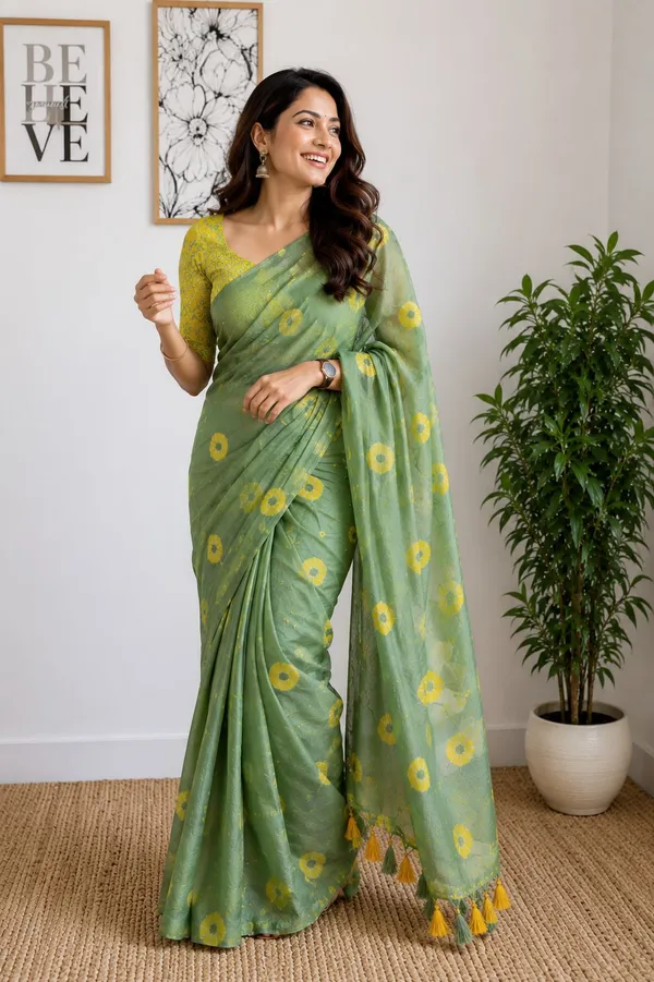 Olive_Green_Shibori_Print_Saree_With_Contrast_Yellow_Blouse