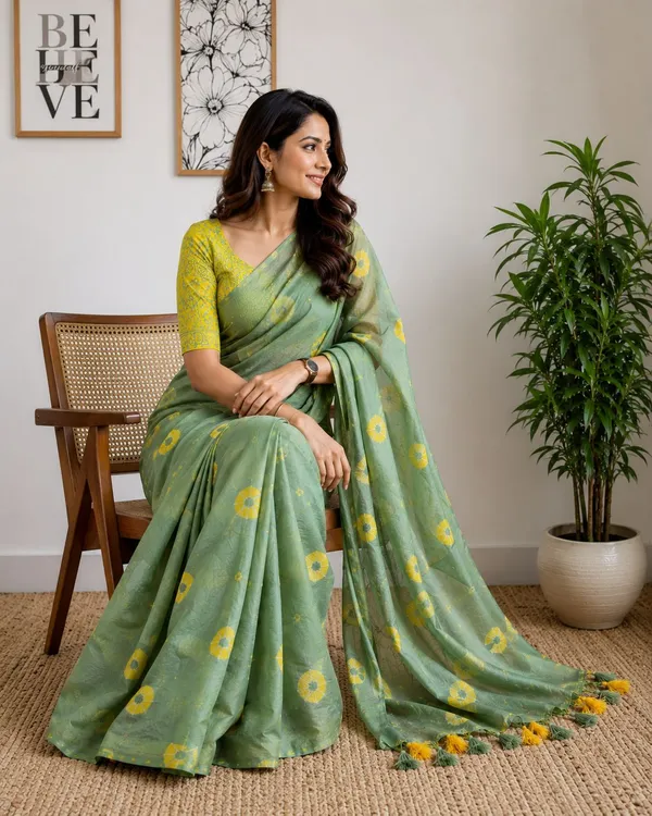 Olive_Green_Shibori_Print_Saree_With_Contrast_Yellow_Blouse