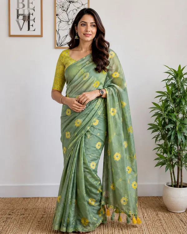Olive_Green_Shibori_Print_Saree_With_Contrast_Yellow_Blouse