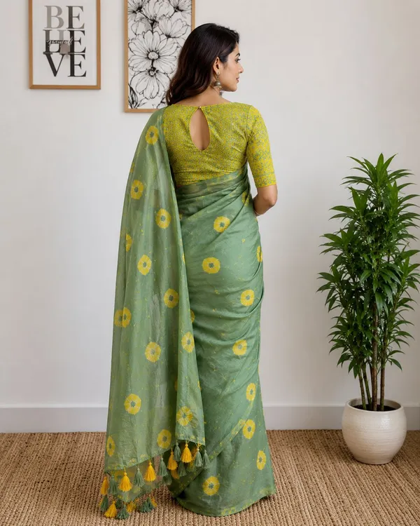 Olive_Green_Shibori_Print_Saree_With_Contrast_Yellow_Blouse
