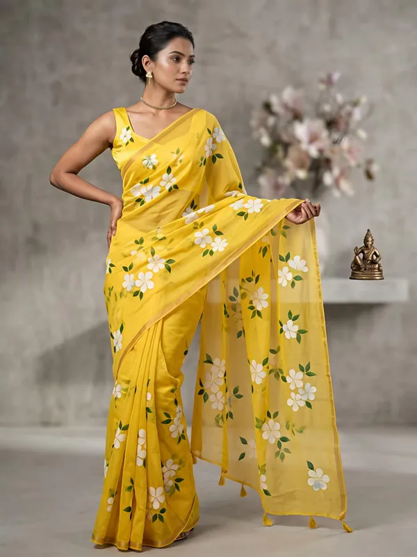 Vibrant_Yellow_Floral_Saree_With_Tassel_Detail