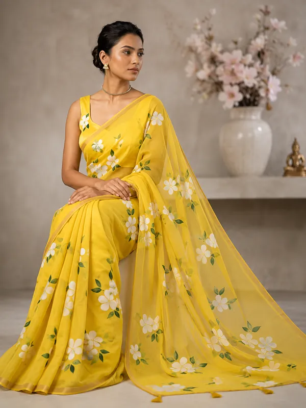 Vibrant_Yellow_Floral_Saree_With_Tassel_Detail