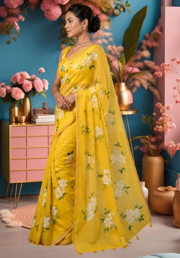 Vibrant_Yellow_Floral_Saree_With_Tassel_Detail