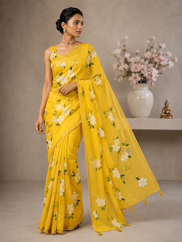 Vibrant_Yellow_Floral_Saree_With_Tassel_Detail