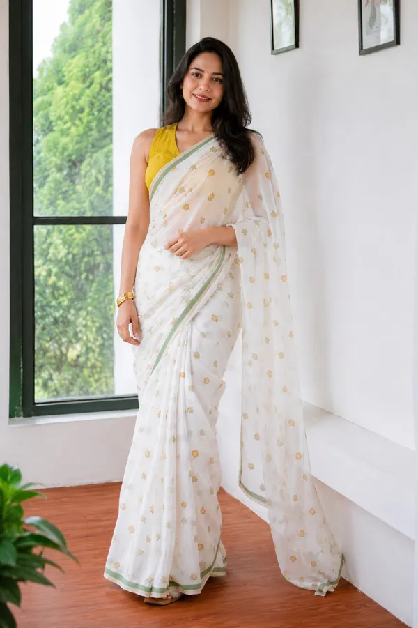 Off_White_Floral_Embroidered_Saree_With_Olive_Green_Border
