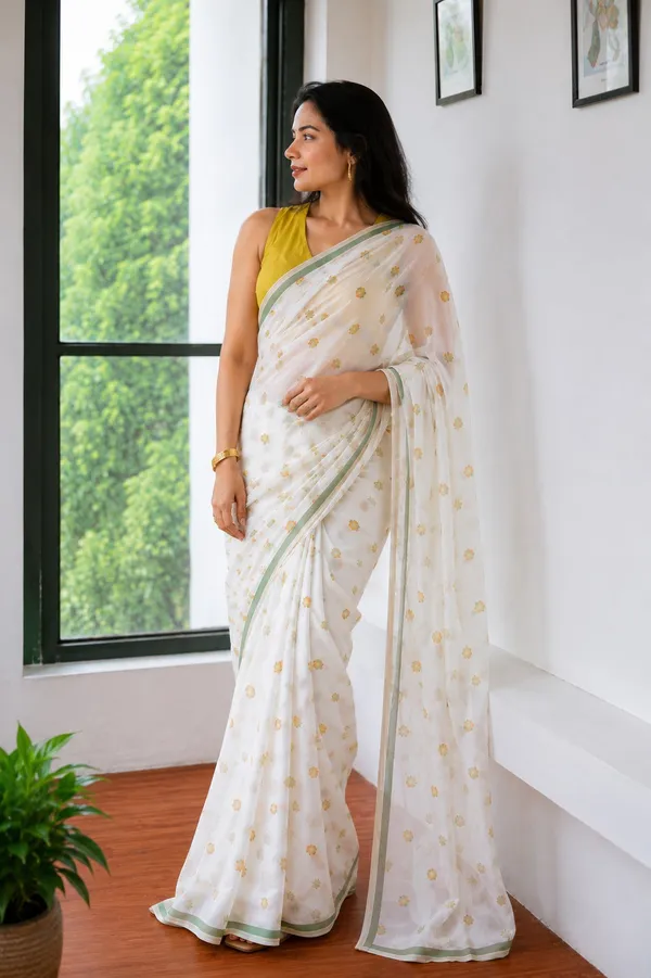 Off_White_Floral_Embroidered_Saree_With_Olive_Green_Border