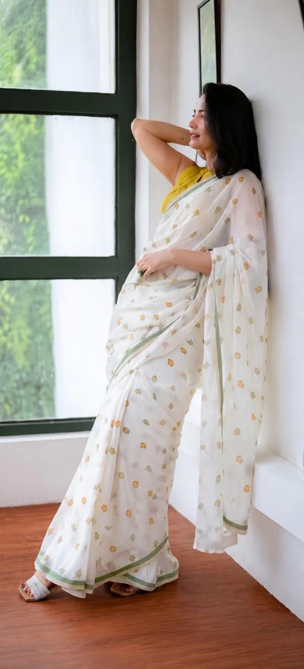 Off_White_Floral_Embroidered_Saree_With_Olive_Green_Border