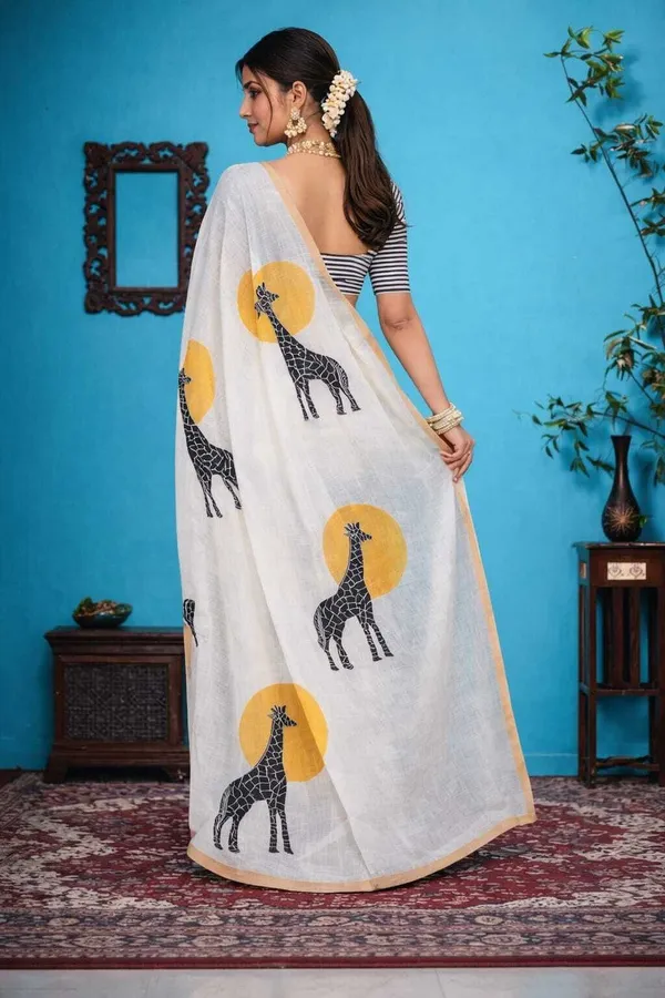 Whimsical_Giraffe_Motif_Saree_With_Striped_Blouse