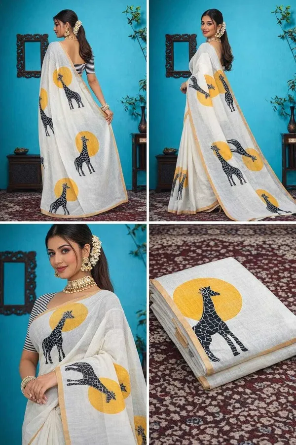 Whimsical_Giraffe_Motif_Saree_With_Striped_Blouse