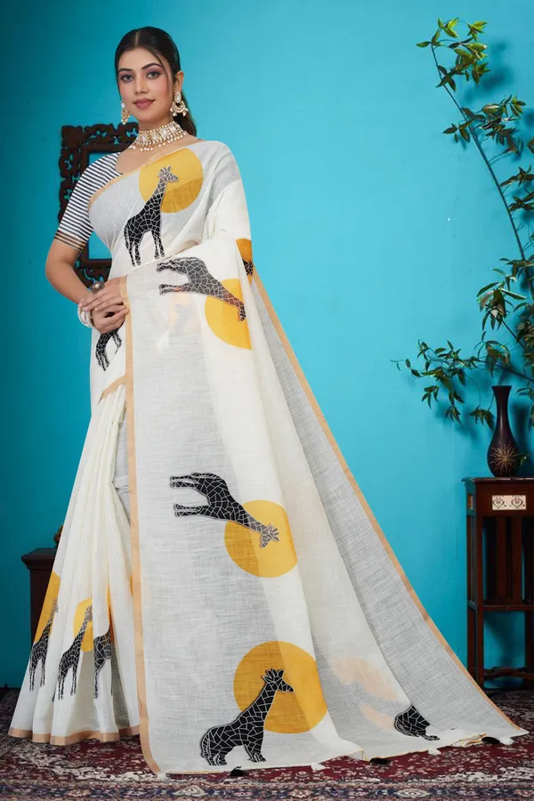 Whimsical_Giraffe_Motif_Saree_With_Striped_Blouse