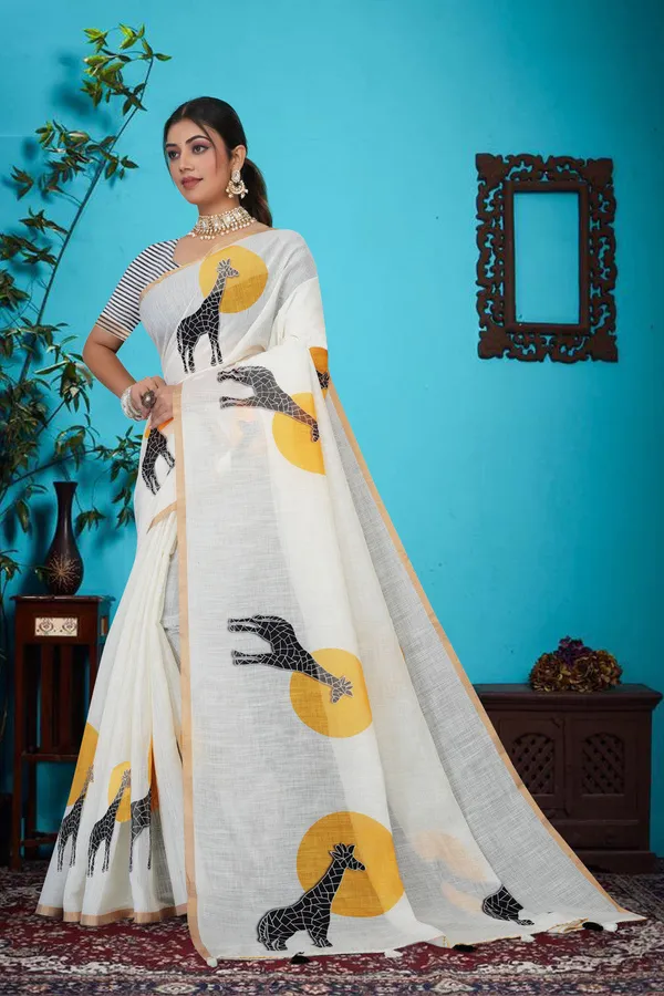 Whimsical_Giraffe_Motif_Saree_With_Striped_Blouse