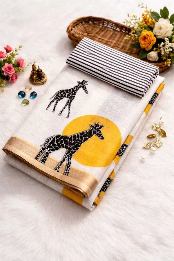 Whimsical_Giraffe_Motif_Saree_With_Striped_Blouse