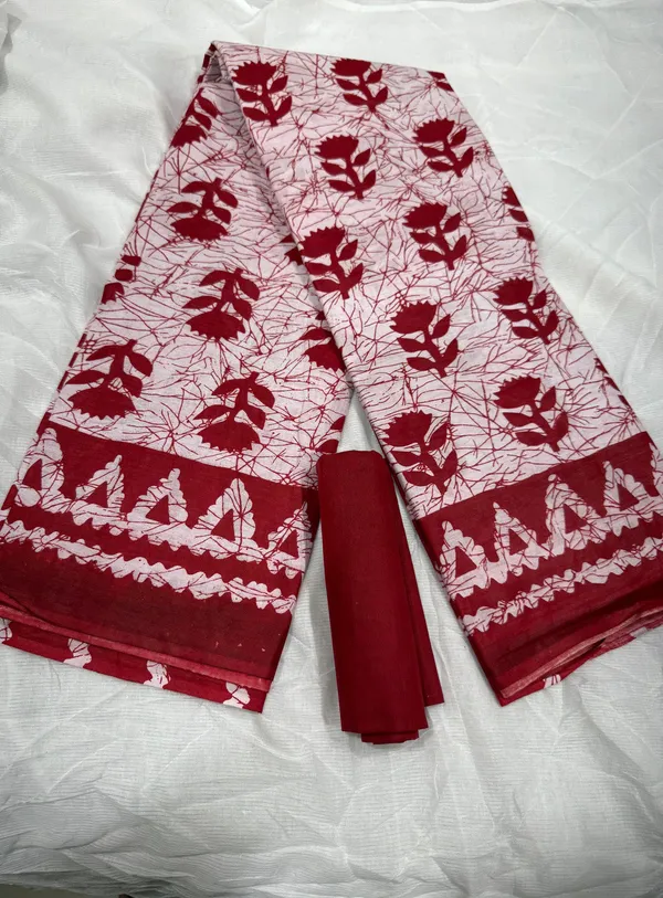 Crimson_Floral_Batik_Saree_With_Solid_Blouse