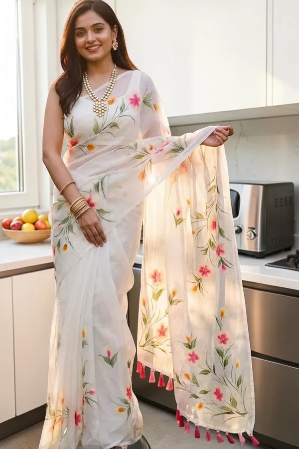 White_Organza_Saree_With_Hand_Painted_Floral_Motifs