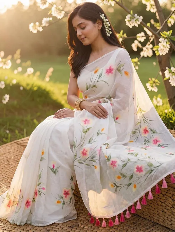 White_Organza_Saree_With_Hand_Painted_Floral_Motifs