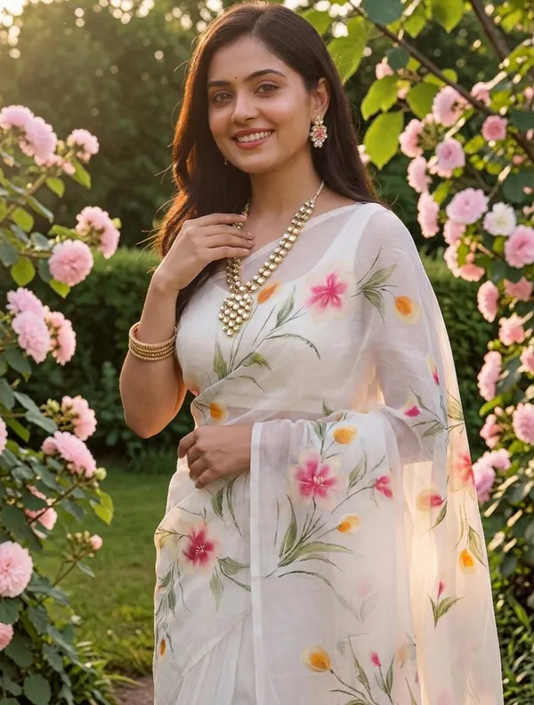 White_Organza_Saree_With_Hand_Painted_Floral_Motifs