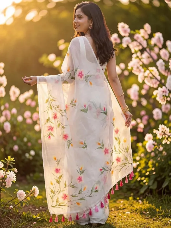 White_Organza_Saree_With_Hand_Painted_Floral_Motifs