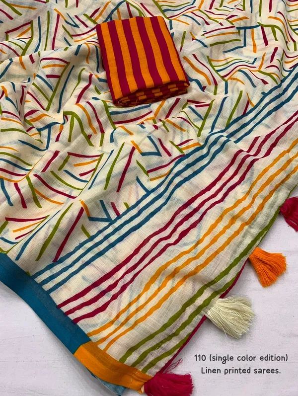 Abstract_Geometric_Print_Saree_With_Striped_Blouse