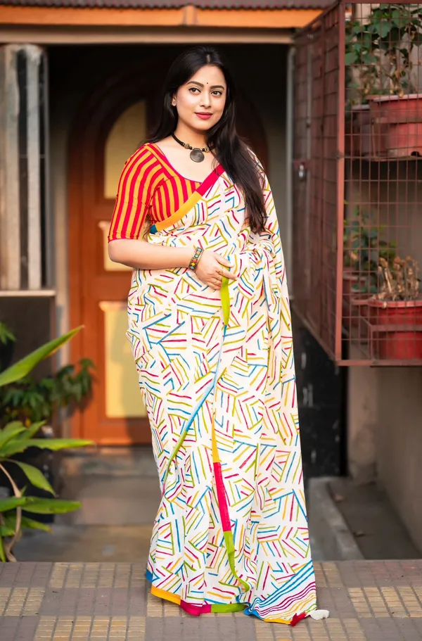 Abstract_Geometric_Print_Saree_With_Striped_Blouse