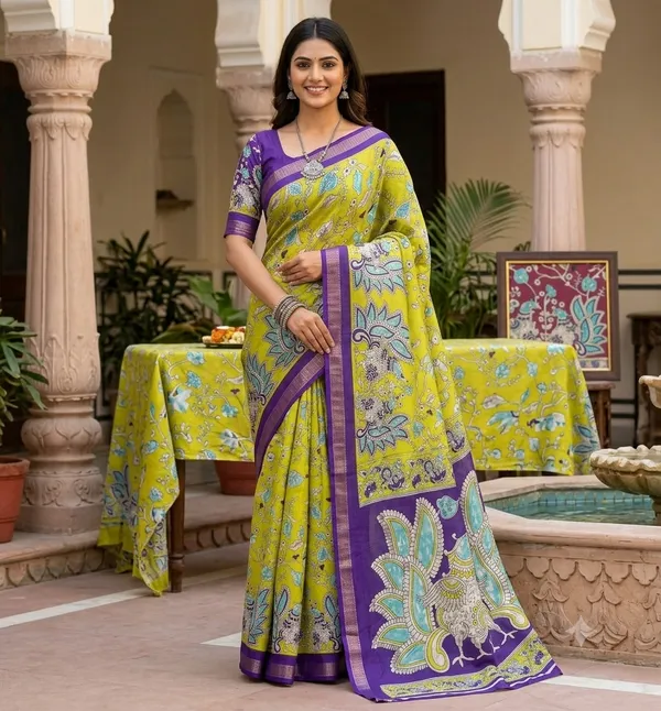 Lime_Green_And_Purple_Floral_Saree_With_Peacock_Pallu