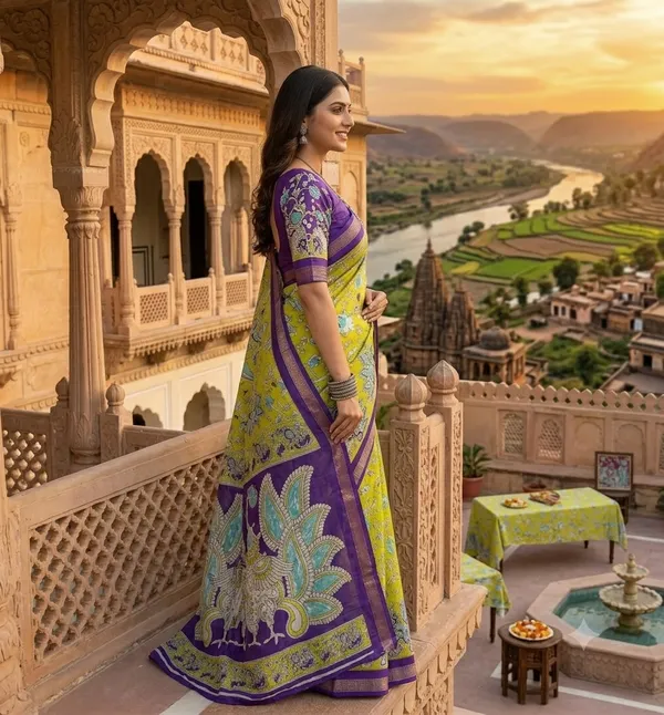 Lime_Green_And_Purple_Floral_Saree_With_Peacock_Pallu