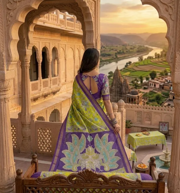 Lime_Green_And_Purple_Floral_Saree_With_Peacock_Pallu