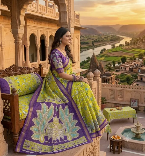 Lime_Green_And_Purple_Floral_Saree_With_Peacock_Pallu