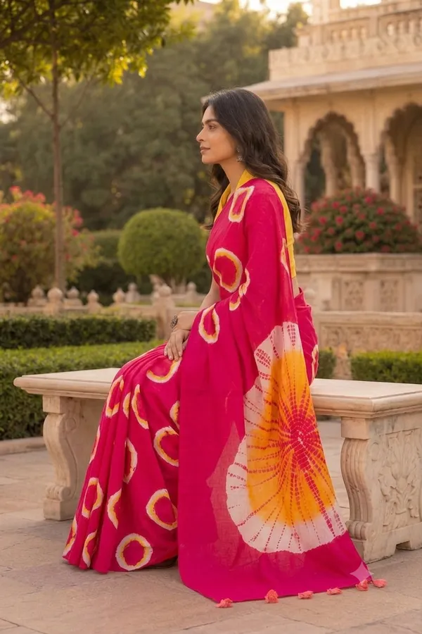 Vibrant_Fuchsia_Tie_Dye_Saree_With_Yellow_Accents