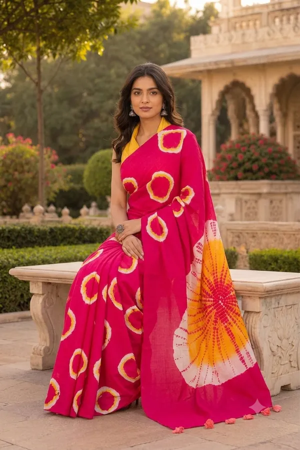 Vibrant_Fuchsia_Tie_Dye_Saree_With_Yellow_Accents